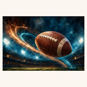 Può includere: Un pallone da football americano in pelle marrone con lacci bianchi e una striscia bianca, catturato in movimento sopra il campo di uno stadio. La palla è circondata da scie luminose arancioni e blu su uno sfondo scuro e suggestivo.