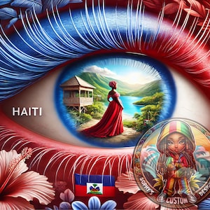 Puede incluir: Un ojo estilizado con párpados azules y rojos, un iris azul y una pupila verde. El ojo está mirando una escena de una mujer con un vestido rojo de pie frente a una cabaña de madera con un lago y montañas en el fondo. La escena está enmarcada por la pupila del ojo. La palabra "HAITI" está escrita en letras blancas en el párpado inferior. El ojo está rodeado de flores rojas y blancas. Una pequeña bandera haitiana es visible en la esquina inferior derecha de la imagen. La imagen también incluye un diseño circular con las palabras "SOPHY'S CUSTOM DESIGNZ" en amarillo y negro.