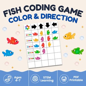 Fisch-Code-Spiel zum Ausdrucken, STEM-logische Aktivität, Puzzle mit Pfeil- und Farbfolge, Feinmotorik, Lernaktivitäten für die Vorschule