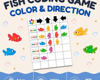 Gioco di programmazione a tema pesci stampabile per bambini, attività di logica STEM, puzzle con sequenze di frecce e colori, sviluppo delle capacità motorie fini, attività di apprendimento prescolare