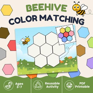 Könnte beinhalten: Ein Beehive Color Matching Aktivitätsblatt mit einem zentralen weißen Wabenraster, gezeichneten Bienen und bunten Sechseck-Ausschnitten. Der Text lautet Beehive Color Matching, Ages 3-7, Reusable Activity und PDF Printable. Das Design zeigt einen blauen Himmel und grünes Gras.