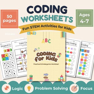 Puede incluir: Un conjunto de hojas de trabajo de codificación imprimibles para niños de 4 a 7 años, con 50 páginas de actividades STEM. La portada dice "Coding for Kids" con ilustraciones coloridas y el texto "Fun STEM Activities for Kids."