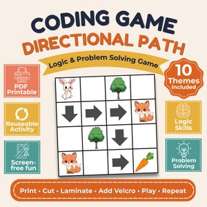 May include: A coding game directional path logic and problem solving game featuring a four-by-four grid with illustrations of a rabbit, trees, foxes, a carrot, and directional arrows. The text reads Coding Game Directional Path, 10 Themes Included.