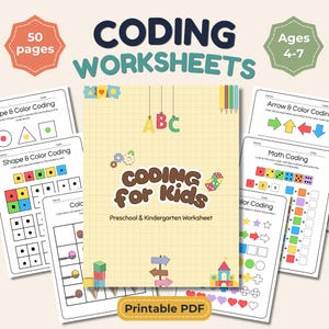Folhas de exercícios de programação para crianças, atividades de lógica para pré-escola, materiais imprimíveis de STEM para jardim de infância, jogos de algoritmos para aprendizagem precoce, download digital.