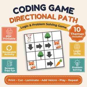 Może przedstawiać: Gra logiczna i rozwiązująca problemy zatytułowana CODING GAME DIRECTIONAL PATH. Siatka zawiera ilustracje królika, lisa, drzew, marchewki i strzałek kierunkowych. Tekst zawiera PDF Printable, 10 Themes Included, Logic Skills oraz Problem Solving.