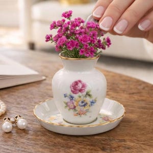May include: A small, white porcelain vase with a floral design, filled with pink flowers, sits on a matching saucer. The vase has a gold rim. A pearl necklace and earrings are on the wooden table.