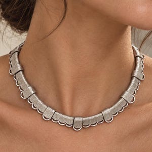 1960 Marcel Boucher Necklace | Textured Silver Link Choker | Vintage Art Deco Statement Jewelry, Runway Bib Designer Necklace | Gift For Her