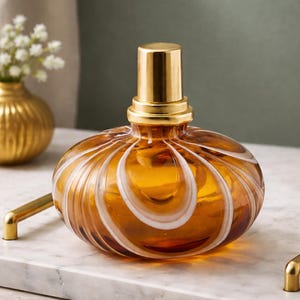 Vintage Fragrance Lamp - Amber & White Swirl Ribbon Blown Art Glass | Air Cleaner Catalytic Oil Lamp Burner, Effusion Lamp, Reed Diffuser