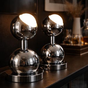 Vintage Two Space Age Chrome Table Lamps | VTG 60s Mid Century Modern Atomic Sputnik Eyeball | SONNEMAN High End Mirror Effect Rounded Lamp