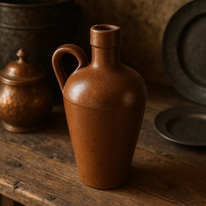 Puede incluir: Una jarra de gres marrón con asa, colocada sobre una superficie de madera. La jarra tiene un cuerpo redondeado y un cuello estrecho. Otros elementos en el fondo incluyen un recipiente de cobre y platos oscuros. La escena tiene una estética rústica y vintage.