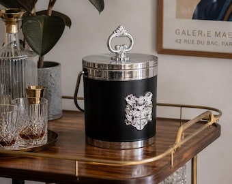 1970s Vintage Wine Cooler With Crest | MCM Chrome & Black Faux Leather, Plastic Ice Bucket | Mid Century Modern Barware