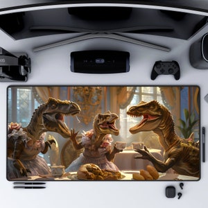 May include: A brown, green, and beige mousepad with a whimsical illustration of three dinosaurs dressed in fancy attire, sitting at a table with teacups and pastries. The dinosaurs are smiling and appear to be enjoying their tea party.