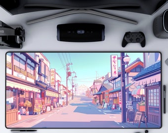 Peut inclure: Une illustration animée colorée d'une scène de rue japonaise avec des bâtiments, des magasins et un lampadaire. Le texte sur le panneau indique "やさしい未来".