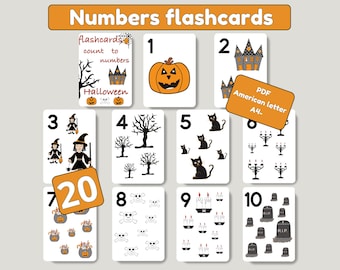 Halloween number cards for kid, printable numbers for kindergarten, learn numbers 1-20 with spooky Halloween-themed counting cards.
