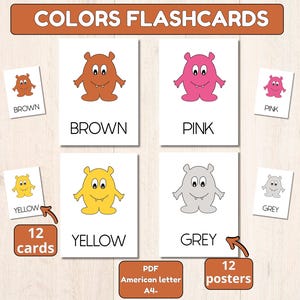 Tarjetas y pósteres de aprendizaje imprimibles de colores para niños  pequeños y preescolares, educación Montessori, educación en el aula