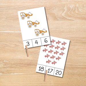 Tarjetas imprimibles de conteo y clip de transportes para niños, juego Montessori de matemáticas preescolar