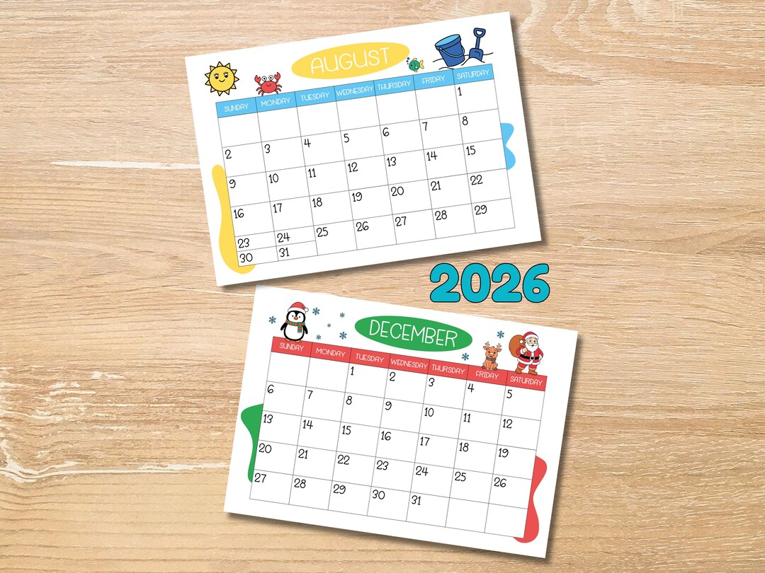 Printable Kids Calendar 2026, Monthly Planner for Children - Etsy
