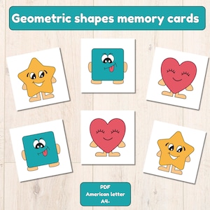 May include: Six printable memory cards featuring geometric shapes with faces. The shapes are a star, square, heart, and a second star and square. The cards are white with black outlines and are designed for children.