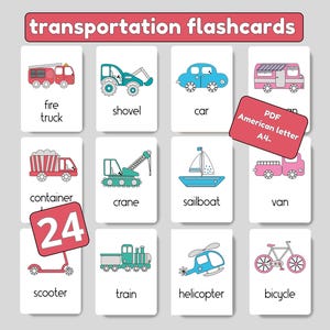 Printable transportation vehicle flashcards for kids, preschool transport learning, educational cards Montessori, early learning preschool