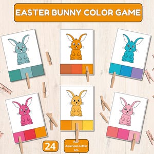 Tarjetas imprimibles de emparejar colores con conejitos de Pascua,  Actividad educativa para jardín de infancia, actividad educativa pascua