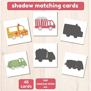 48 cartões de combinação de transporte, cartões de combinação Montessori para crianças pequenas, atividade de combinação, jogo pré-escolar para impressão, jogo de silhueta