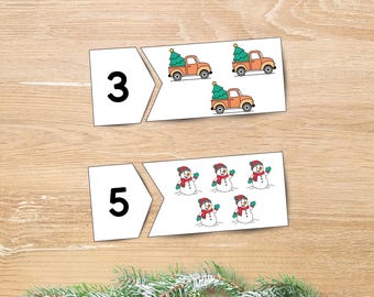 Puzzle di conteggio natalizi per la scuola materna, numeri da 1 a 20, attività di matematica Montessori, schede didattiche stampabili