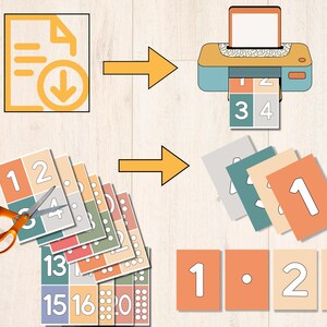 Puede incluir: Un archivo PDF imprimible con instrucciones sobre c&oacute;mo crear tarjetas de n&uacute;meros para un juego. La imagen muestra una pantalla de computadora con un &iacute;cono de descarga, una impresora y una pila de tarjetas recortadas con los n&uacute;meros del 1 al 20.