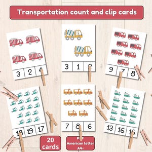 Cartões de contagem e clipe para impressão para crianças, Números educacionais e transporte, Atividades pré-escolares e de jardim de infância, Jogo de aprendizagem de matemática