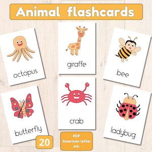 Printable Animal Flashcards for Kids, 20 Educational Animal Cards, preschool cards, montessori cards