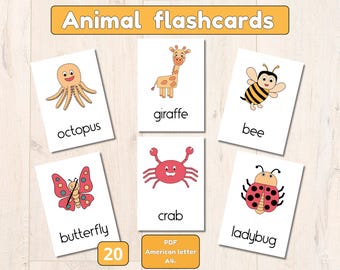Printable Animal Flashcards for Kids, 20 Educational Animal Cards, preschool cards, montessori cards