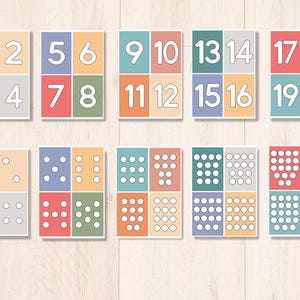 Puede incluir: Un conjunto de diez tarjetas coloridas con los n&uacute;meros del 1 al 20, cada tarjeta dividida en cuatro cuadrados. Los n&uacute;meros est&aacute;n impresos en blanco y los cuadrados son de varios colores, incluyendo naranja, rojo, azul y verde. Cada tarjeta tambi&eacute;n tiene un n&uacute;mero correspondiente de puntos blancos en cada cuadrado.
