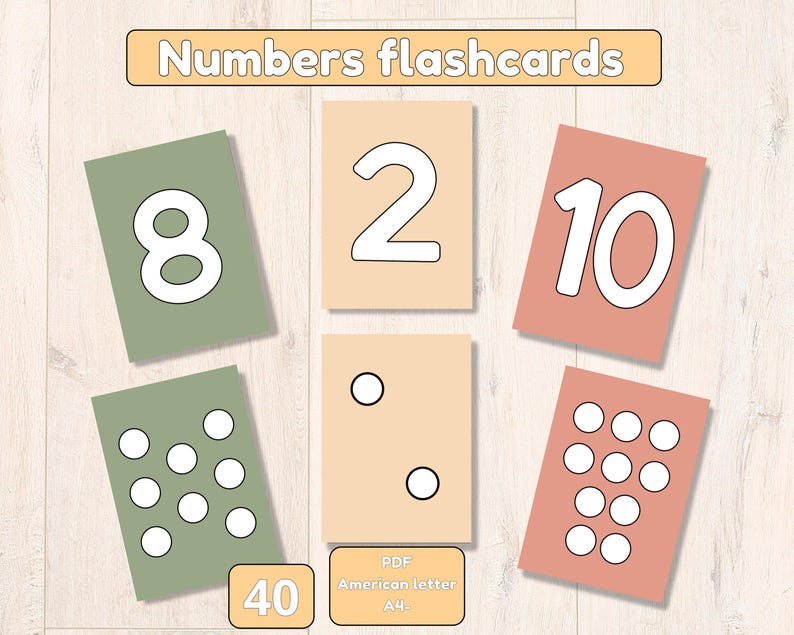 Puede incluir: Conjunto de 40 tarjetas de memoria imprimibles para aprender n&uacute;meros. Las tarjetas presentan los n&uacute;meros 2, 8, 10 y un conjunto de 10 c&iacute;rculos. Las tarjetas est&aacute;n en tonos de verde, naranja y rosa.