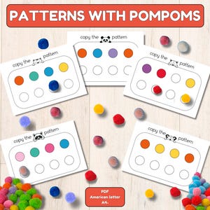 幼稚園児向けのカラーパターンアクティビティカード、細かい運動能力を伸ばすための印刷可能なポンポンパターン、早期学習用の印刷物