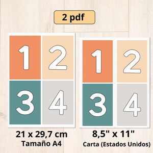 Puede incluir: Dos archivos PDF imprimibles de tarjetas de n&uacute;meros. Las tarjetas est&aacute;n divididas en cuatro cuadrados con los n&uacute;meros 1, 2, 3 y 4 en blanco. Los cuadrados est&aacute;n coloreados en naranja, beige, azul verdoso y gris. El texto debajo de las tarjetas dice "21 x 29,7 cm Tama&ntilde;o A4" y "8,5" x 11" Carta (Estados Unidos)"