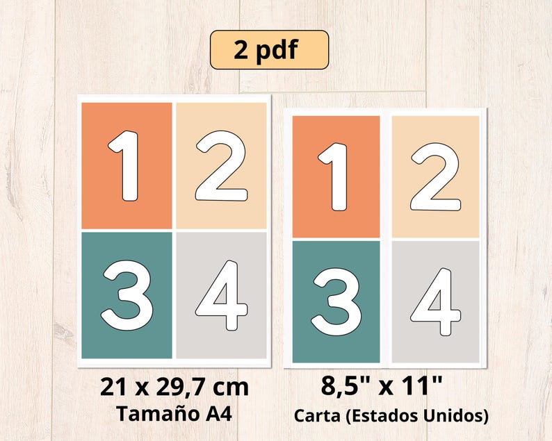 Puede incluir: Dos archivos PDF imprimibles de tarjetas de n&uacute;meros. Las tarjetas est&aacute;n divididas en cuatro cuadrados con los n&uacute;meros 1, 2, 3 y 4 en blanco. Los cuadrados est&aacute;n coloreados en naranja, beige, azul verdoso y gris. El texto debajo de las tarjetas dice "21 x 29,7 cm Tama&ntilde;o A4" y "8,5" x 11" Carta (Estados Unidos)"