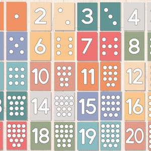 Puede incluir: Un conjunto de 20 tarjetas coloridas con los n&uacute;meros del 1 al 20 y puntos correspondientes. Las tarjetas est&aacute;n dispuestas en una cuadr&iacute;cula. Cada tarjeta tiene un n&uacute;mero blanco y puntos blancos sobre un fondo de color.