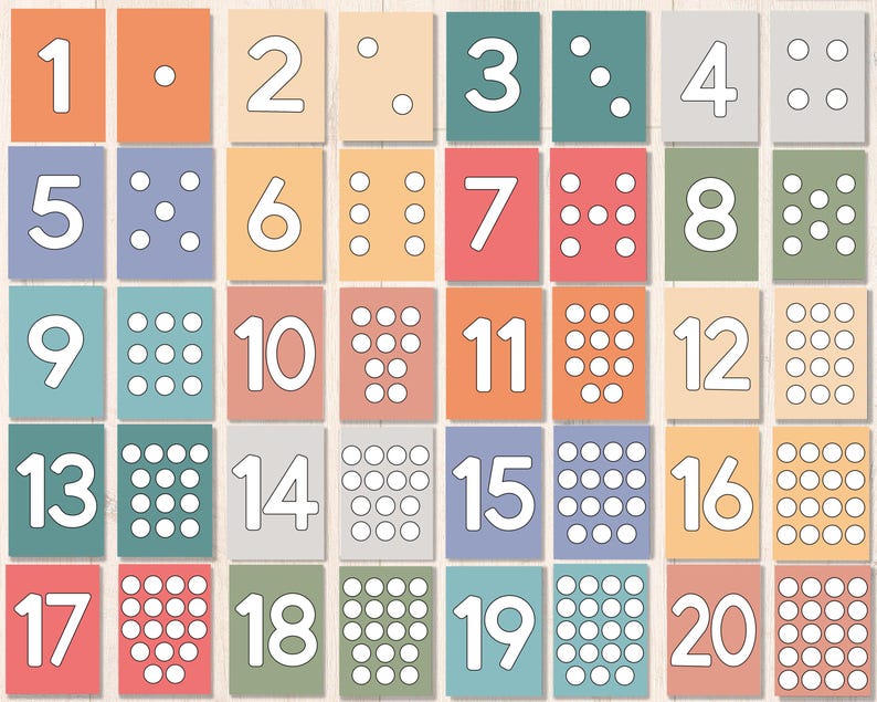 Puede incluir: Un conjunto de 20 tarjetas coloridas con los n&uacute;meros del 1 al 20 y puntos correspondientes. Las tarjetas est&aacute;n dispuestas en una cuadr&iacute;cula. Cada tarjeta tiene un n&uacute;mero blanco y puntos blancos sobre un fondo de color.