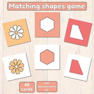 Schede di abbinamento di forme geometriche stampabili per bambini, 48 schede didattiche, attività per la scuola materna e l'asilo, riconoscimento delle forme