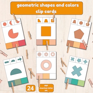 Cartões de correspondência de cores e formas geométricas para jardim de infância, cartões de clipe de cores e formas geométricas para crianças, atividade Montessori