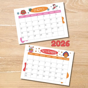 Peut inclure: Deux calendriers colorés de 2026, un pour janvier et un pour novembre, sont affichés sur une surface en bois. Le calendrier de janvier a un en-tête rose avec le mot "ENERO" et des illustrations sur le thème de l'hiver. Le calendrier de novembre a un en-tête orange avec le mot "NOVIEMBRE" et des illustrations sur le thème de l'automne.