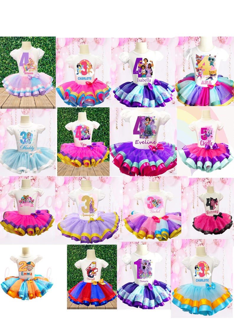 May include: A collection of 12 personalized tutu outfits for girls. Each outfit features a white t-shirt with a number, a character image, and a name. The tutus are made of tulle and come in a variety of colors, including pink, purple, blue, and orange.