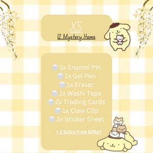 May include: A yellow and white checkered background with a cartoon dog holding a smaller cartoon dog. The text "XS 12 Mystery Items" is at the top of the image. A list of items is below the text: 1x Enamel Pin, 1x Gel Pen, 1x Eraser, 1x Washi Tape, 2x Trading Cards, 1x Claw Clip, 3x Sticker Sheet, + 2 Extra Free Gifts!!