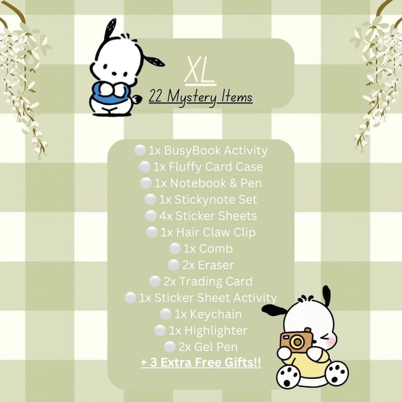 May include: A white cartoon dog with a camera and a yellow shirt. The image includes a list of 22 mystery items, including a BusyBook activity, a fluffy card case, a notebook and pen, a sticky note set, sticker sheets, a hair claw clip, a comb, erasers, trading cards, a sticker sheet activity, a keychain, a highlighter, and gel pens. The text also says "XL" and "+ 3 Extra Free Gifts!!"