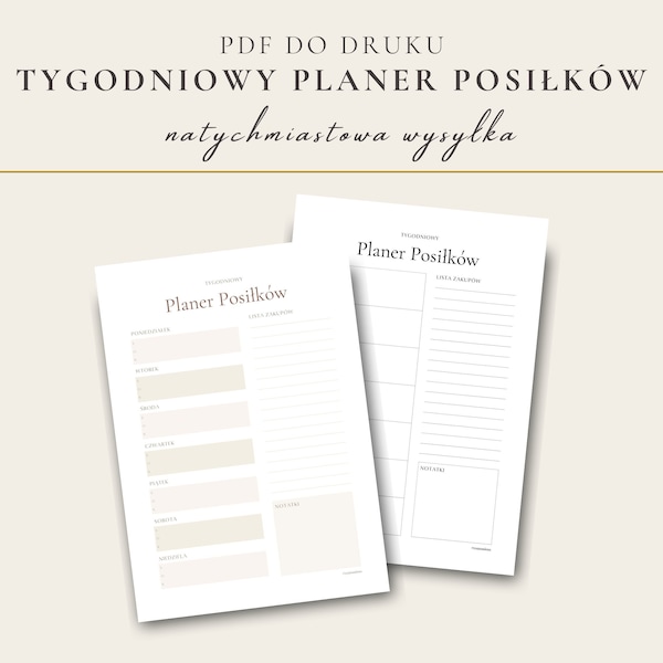 Tygodniowy Planer Posiłków Do Druku, Cyfrowy, PDF, A4, Kolorowy I Czarno-Biały, Menu PlanerZ Listą Zakupów, Food Journal, Dziennik Posiłków