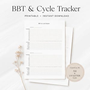 Op de afbeelding: Een wit papieren BBT & Cycle Tracker document met zwarte tekst en rasterlijnen. Het bevat secties voor temperatuur en symptomen, met een ronde beige badge die aangeeft dat het beschikbaar is in A4 en US Letter formaat.