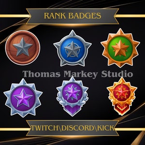 May include: Six different rank badges with stars in various colors and designs. The badges are circular and have a gold, silver, or bronze border. The text "RANK BADGES" is at the top of the image, and the text "TWITCH/DISCORD/KICK" is at the bottom.