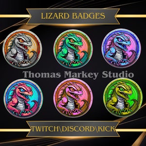 Könnte beinhalten: Sechs bunte runde Abzeichen mit einem Cartoon-Eidechsen-Motiv auf unterschiedlichen farbigen Hintergründen. Der Text "Lizard Badges" befindet sich oben im Bild, "Thomas Markey Studio" in der Mitte und "TWITCH/DISCORD/KICK" unten im Bild.