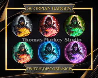 Op de afbeelding: Zes ronde badges in verschillende kleuren met Scorpion, een personage uit de Mortal Kombat-videogameserie. Het personage draagt een zwarte outfit met capuchon en houdt een gloeiende bol vast. De tekst "SCORPIAN BADGES" staat bovenaan de afbeelding, en de tekst "TWITCH/DISCORD/KICK" staat onderaan de afbeelding.