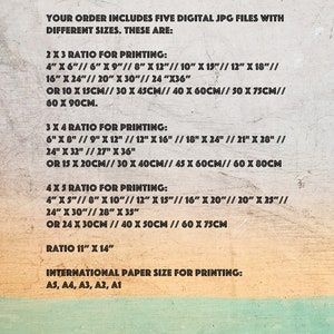 May include: A text-based image listing five different digital JPG file sizes for printing. The sizes are listed in inches and centimeters for 2x3, 3x4, and 4x5 ratios. The image also includes a ratio of 11" x 14" and lists international paper sizes for printing: A5, A4, A3, A2, A1.