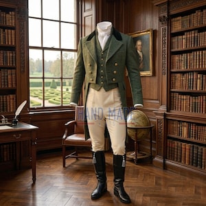 May include: A green tweed tailcoat with a black velvet collar and gold buttons, worn over a matching vest, a white cravat, and cream-colored trousers. The ensemble is completed with black leather knee-high boots featuring silver tassels.